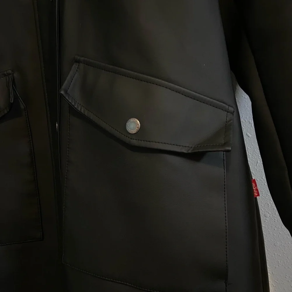 Levi's Rubberized Water Resistant Black Faux Leather Parka Rain Jacket - Picture 5 of 8